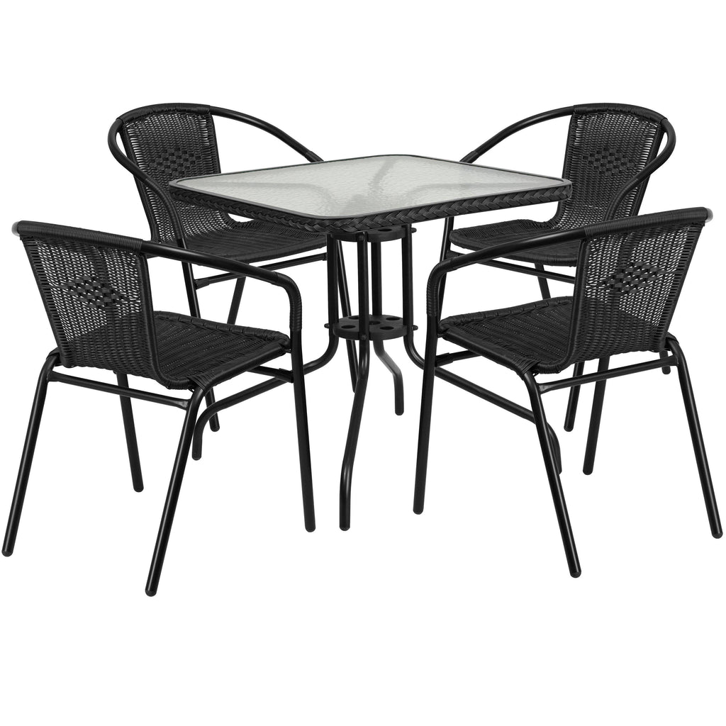 28'' Square Glass Metal Table with Black Rattan Edging F150
