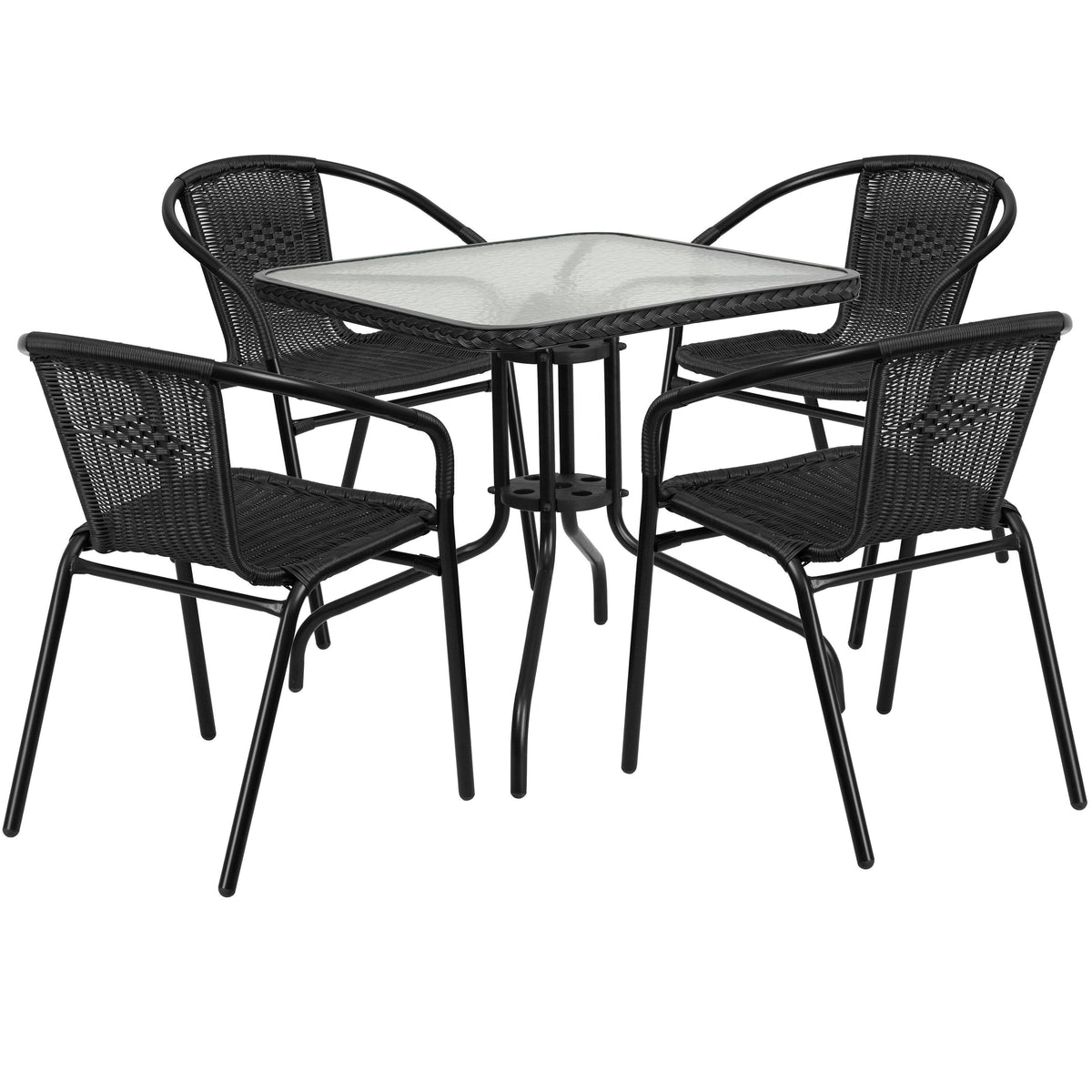 28'' Square Glass Metal Table with Black Rattan Edging F150