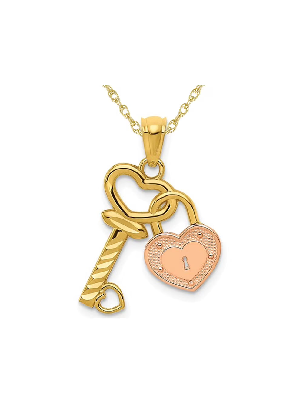 14K Yellow and Rose Gold Key & Heart Locket Pendant Necklace with Chain E42535