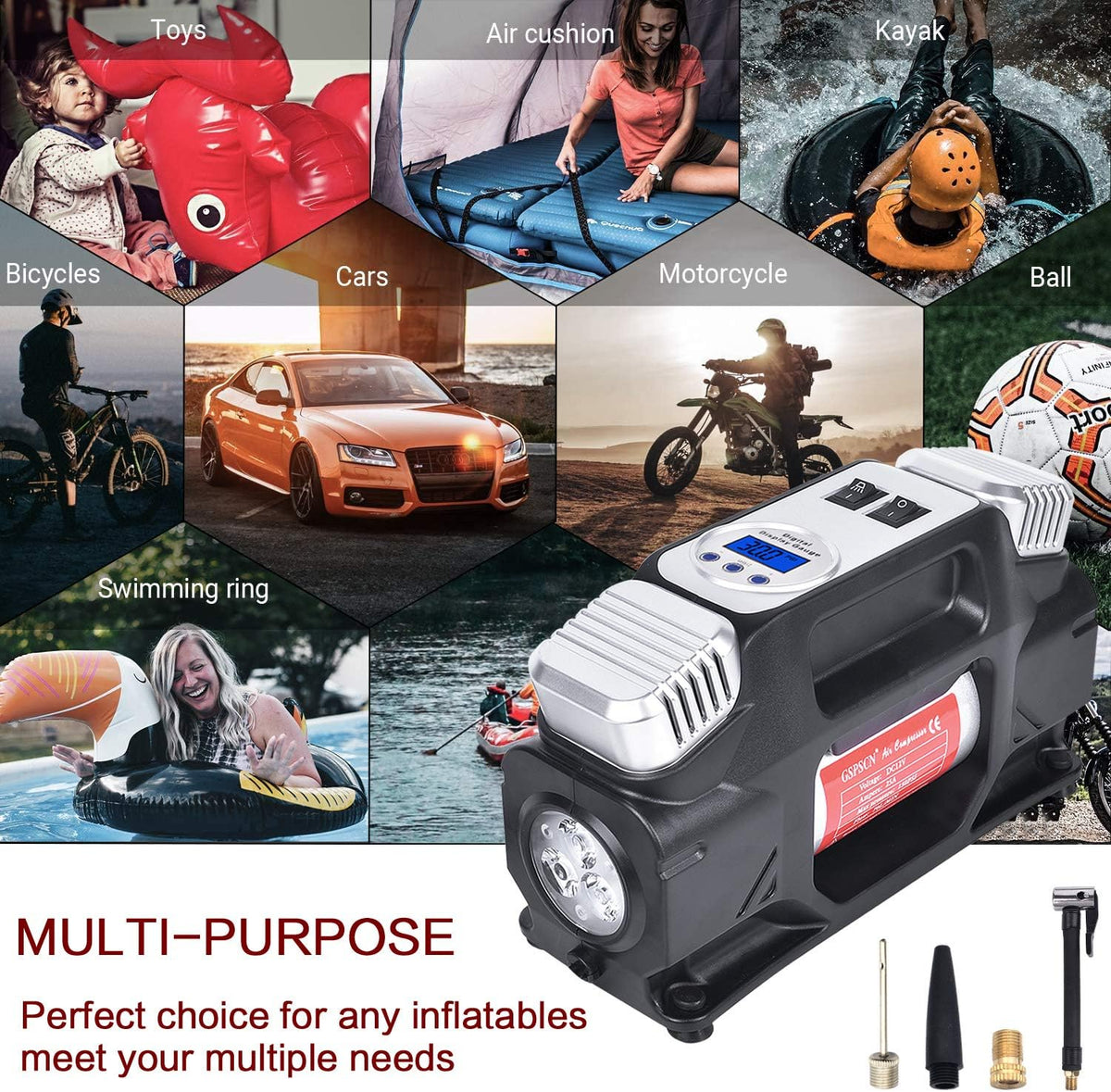 Portable Digital Tire Inflator, Dual Cylinders 12V Air Compressor Pump 150PSI with LED Light and Tire Repair Kit N967