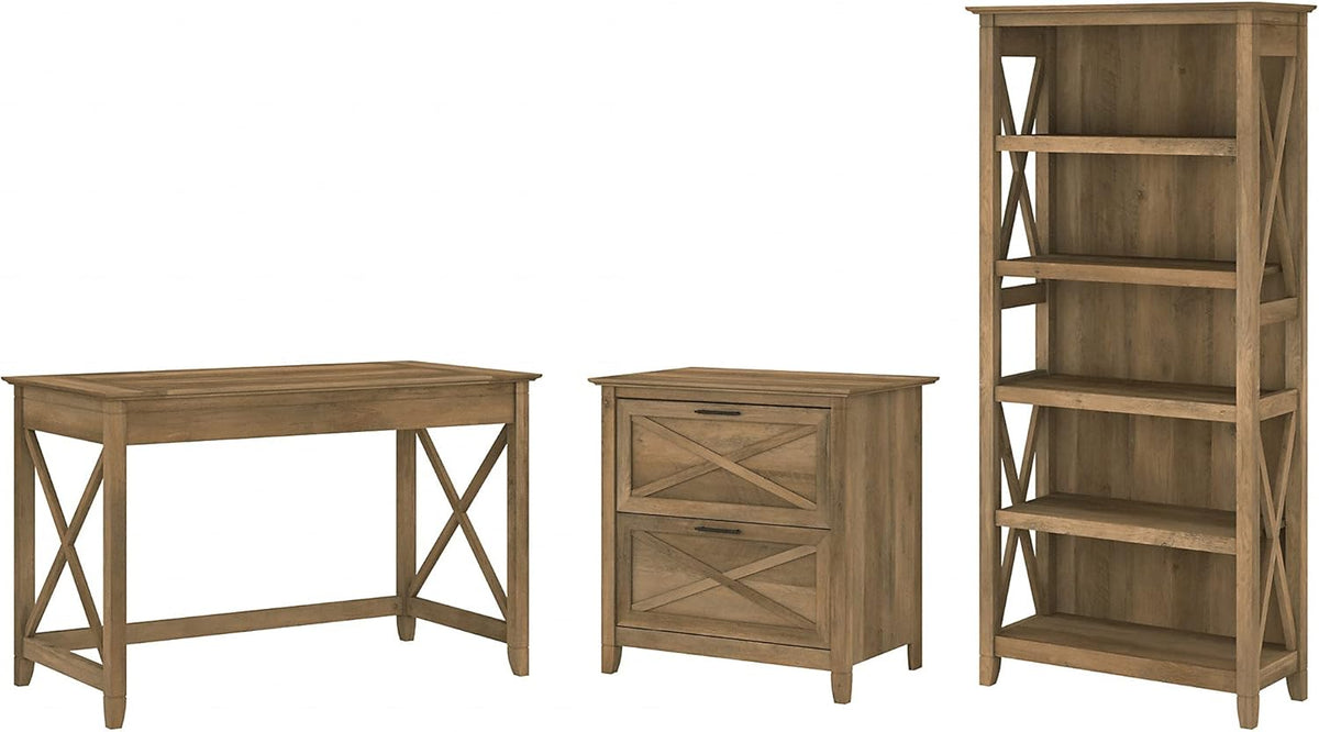 Dark Gray Hickory Writing Desk with 2 Drawer Lateral File Cabinet and 5 Shelf Bookcase V111957