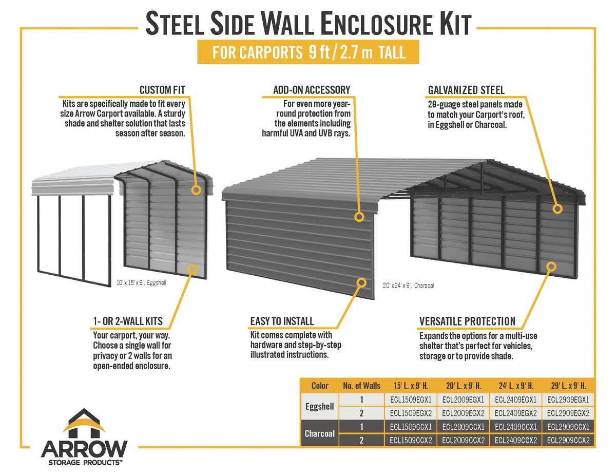 Galvanized Steel Carport Kit, 10' x 20' x 9' S654