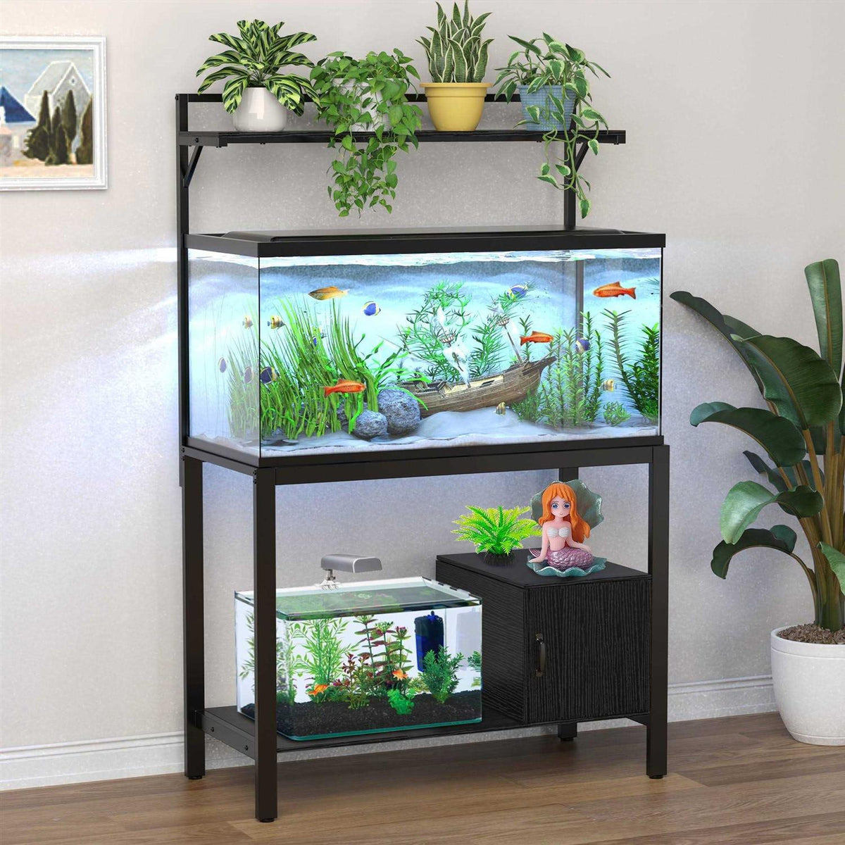 40-50 Gallon Fish Tank Stand with Plant Shelf Metal Aquarium Stand with Cubby Storage M7380