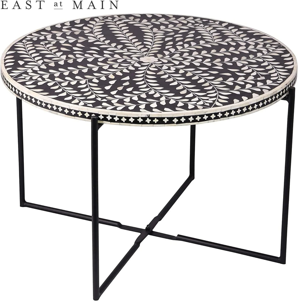 Round Coffee Table 30”W X 19”H Wooden Floral Top Metal Legs Black P2876