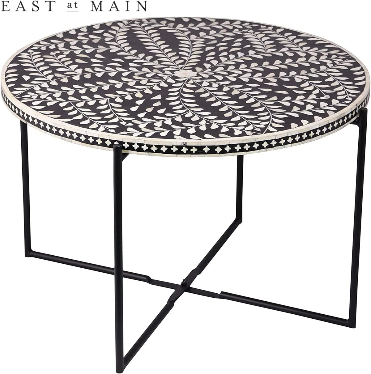 Round Coffee Table 30”W X 19”H Wooden Floral Top Metal Legs Black P2876