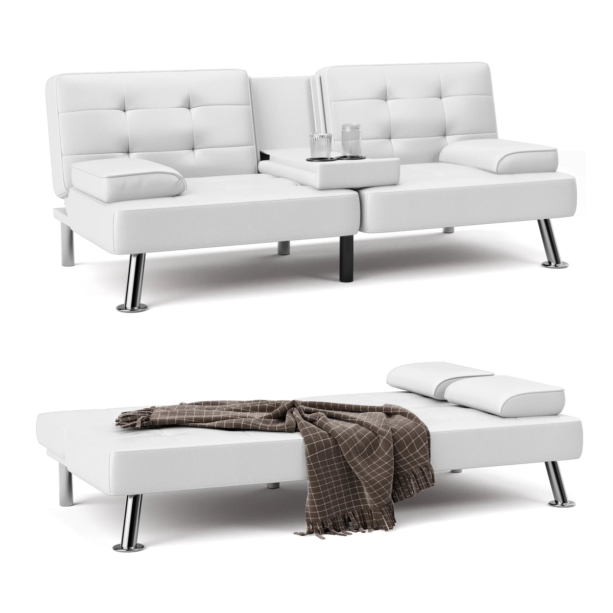 Faux Leather Convertible Futon Sofa Bed with 2 Cup Holders H60628