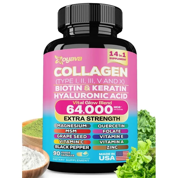 Collagen Capsules Type I II III V X 64,000 MCG Biotin Keratin Hyaluronic Acid MSM Vitamins Zinc Magnesium Grape Seed Extract Quercetin G55560