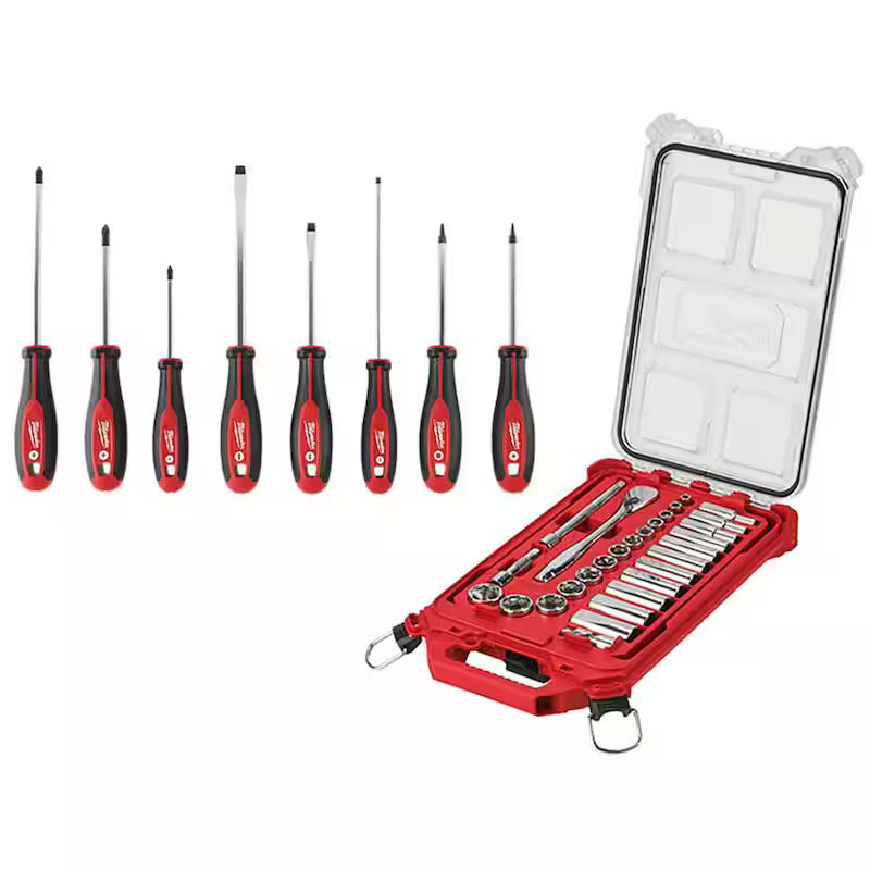 3/8 in. Drive SAE Ratchet and Socket Mechanics Tool Set (28-Piece) and Screwdriver Set (8-Piece) H14760