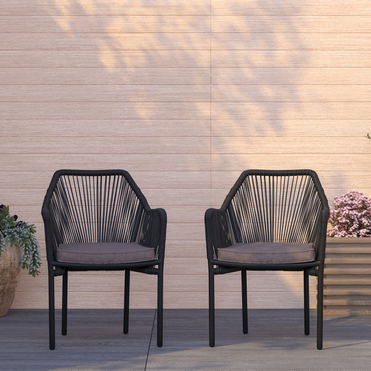 2 Piece Black All-Weather Woven Patio Chairs with Gray Cushions D271690