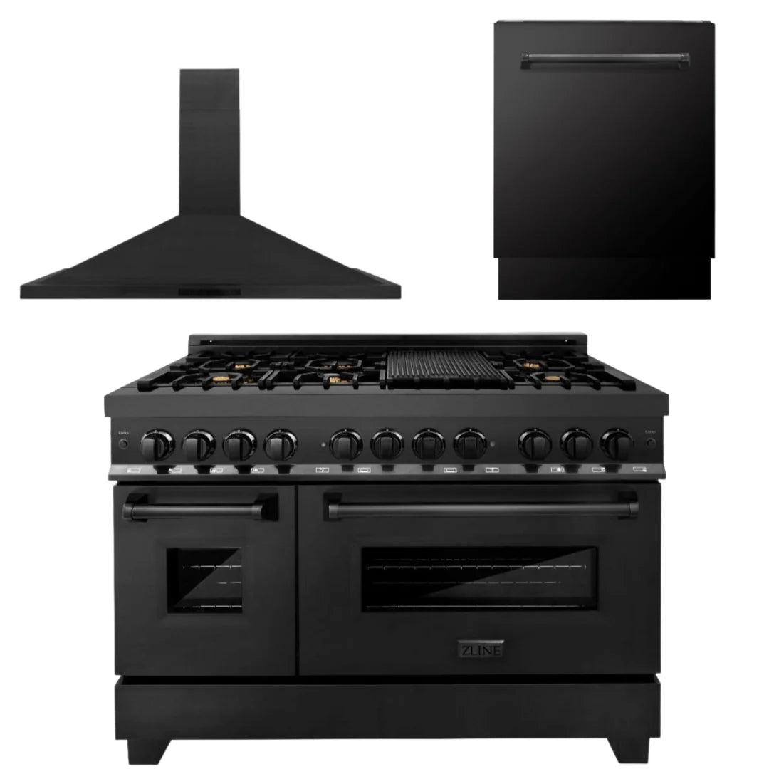 48 In. Dual Fuel Range, Range Hood, Dishwasher in Black Stainless Steel O2421
