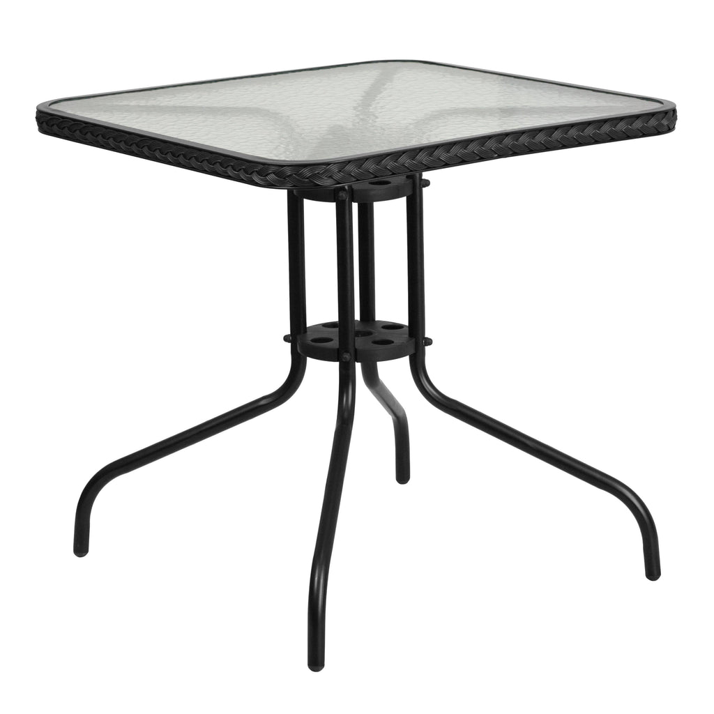 28'' Square Glass Metal Table with Black Rattan Edging F150