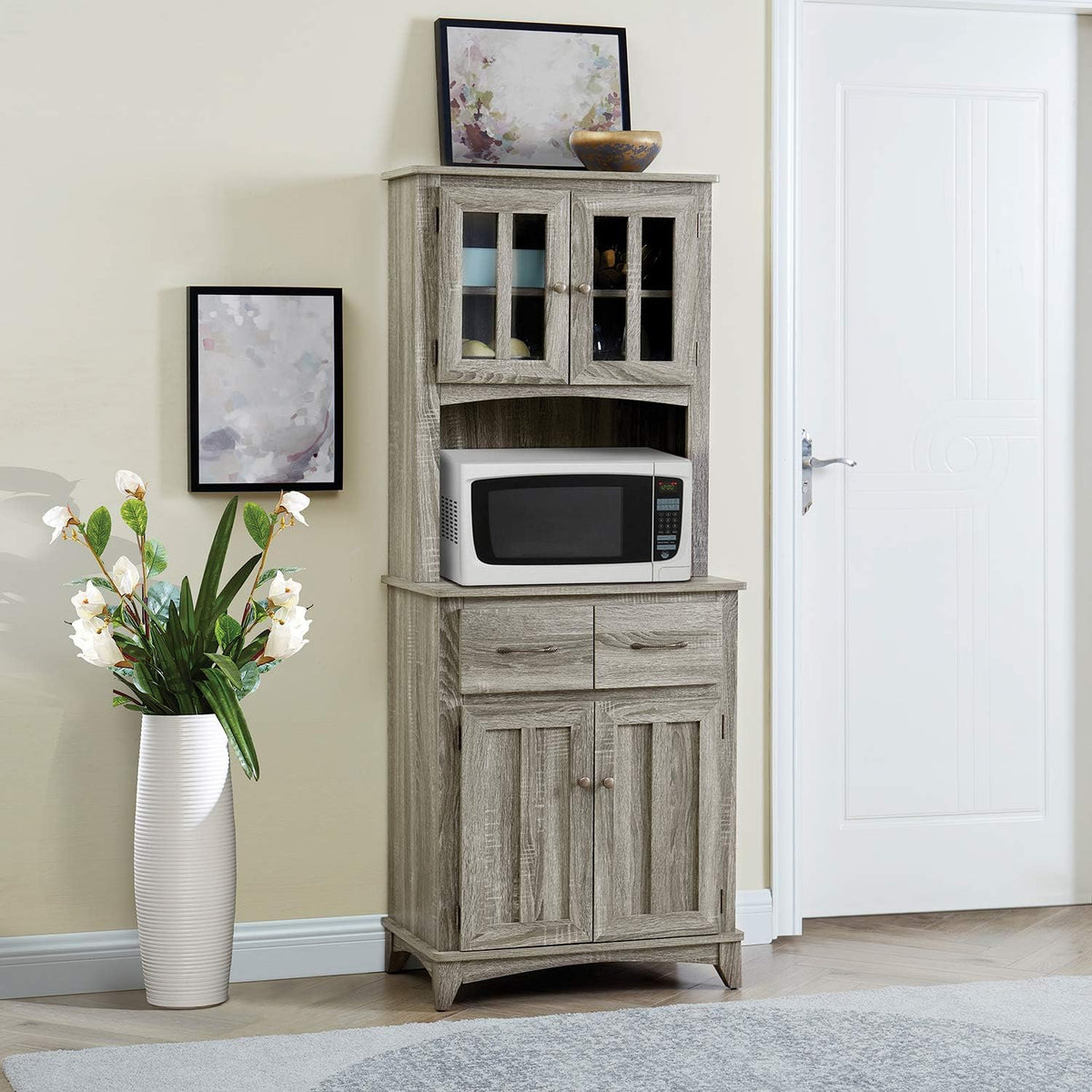 Gray Microwave Stand with Top and Bottom Cabinets U352