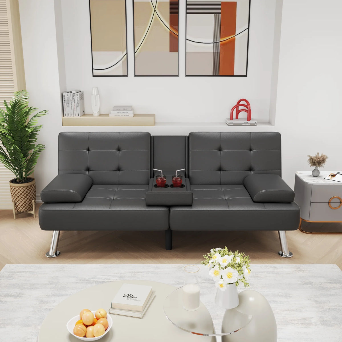 Faux Leather Convertible Futon Sofa Bed with 2 Cup Holders H60628