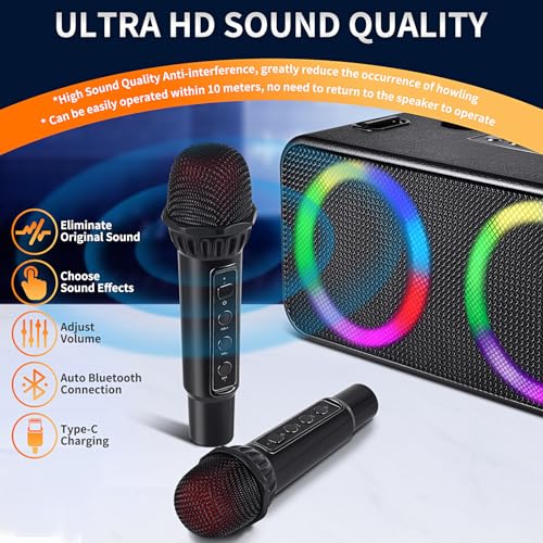 Black Portable Bluetooth Karaoke Machine with 6 Sound Effects and 4 Party Lights V96841