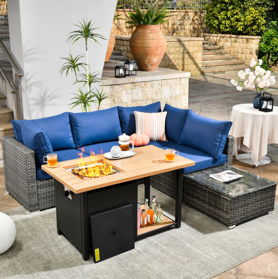 Navy Blue 6 Piece Outdoor Patio Sectional Sofa with Fire Pit Table and Coffee Table T285