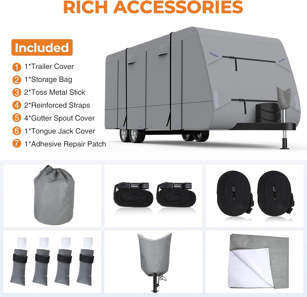 5 Layers Travel Trailer RV Cover Heavy Duty Camper Cover Anti-UV, Rip-Stop, Breathable with Tongue Jack Cover, 2Pcs Straps & Gutter Covers H974