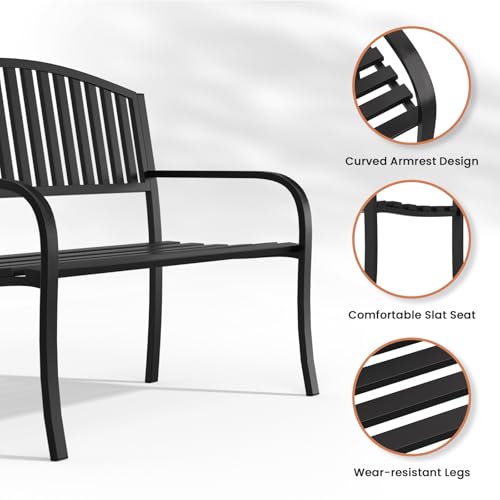 Black 50" Wrought Iron Garden Bench with Armrests C514596