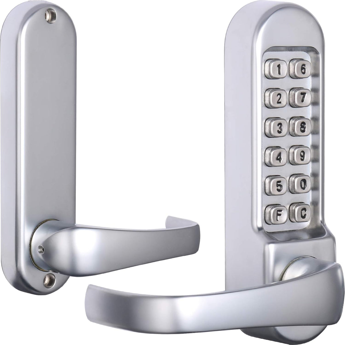 Mechanical Push Button Keypad Lock, 2 3/8 Backset Latch, Satin Chrome Stainless U454393
