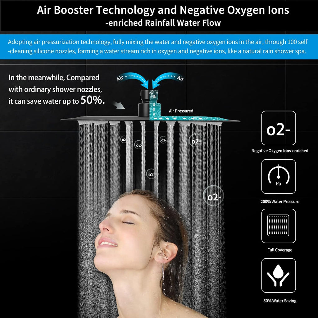 8'' Rainfall Shower Head & 9 Settings Handheld Shower Head with Holder, Hose, Chrome - Matte Black Pack of 2 U29015