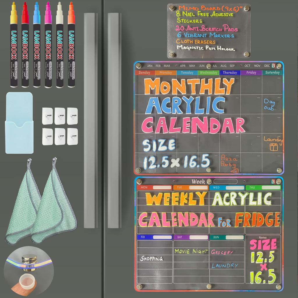 3 Pcs Acrylic Dry Erase Board Set with Magnetic Calendars J32601