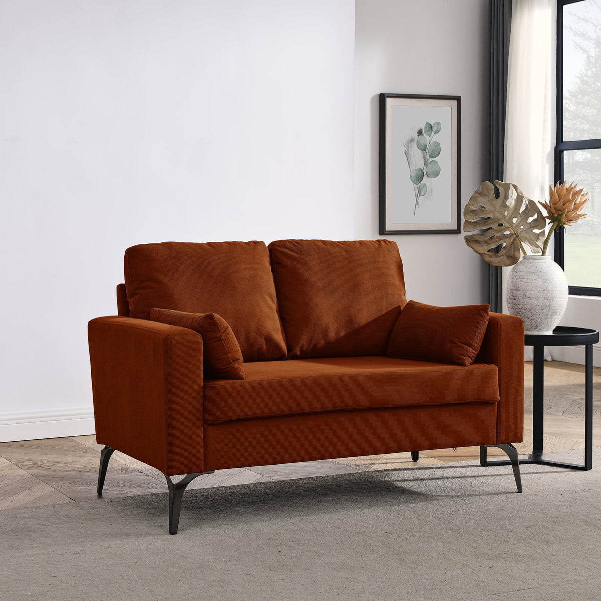 Orange Corduroy Loveseat Sofa with Square Arms H231