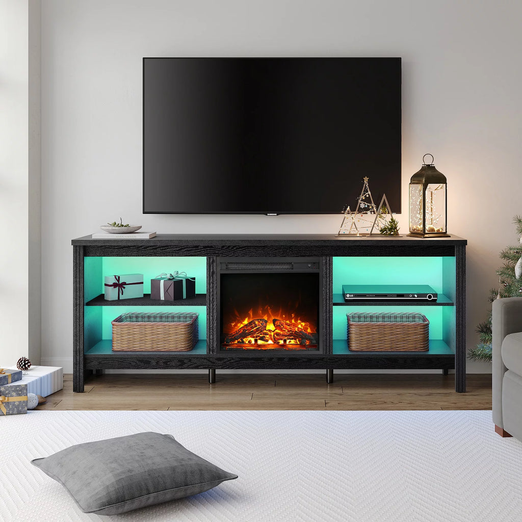 Black Wood Fireplace TV Stand with LED Lights A32218