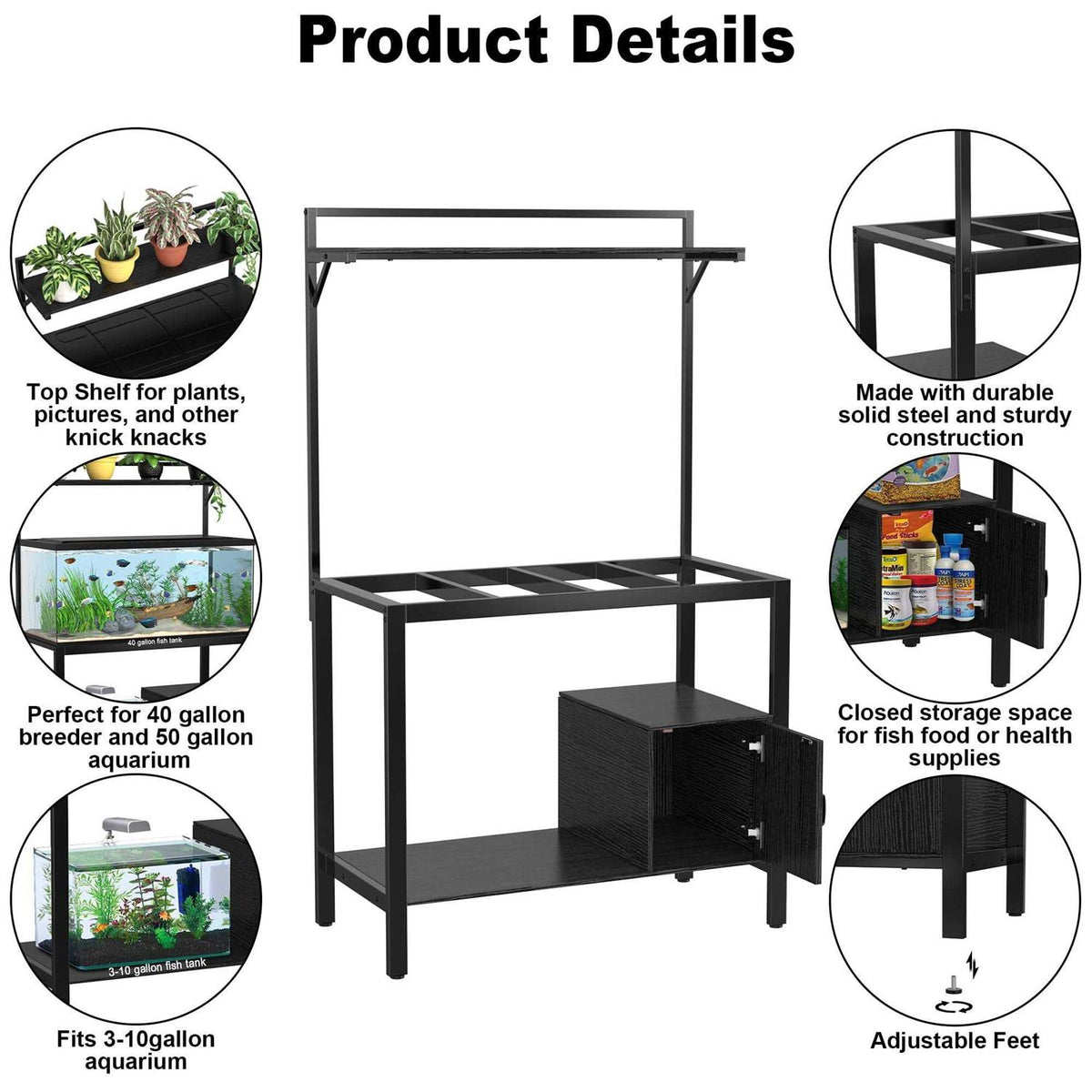 40-50 Gallon Fish Tank Stand with Plant Shelf Metal Aquarium Stand with Cubby Storage M7380