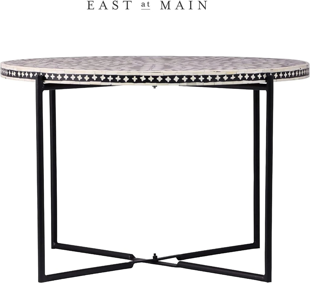 Round Coffee Table 30”W X 19”H Wooden Floral Top Metal Legs Black P2876