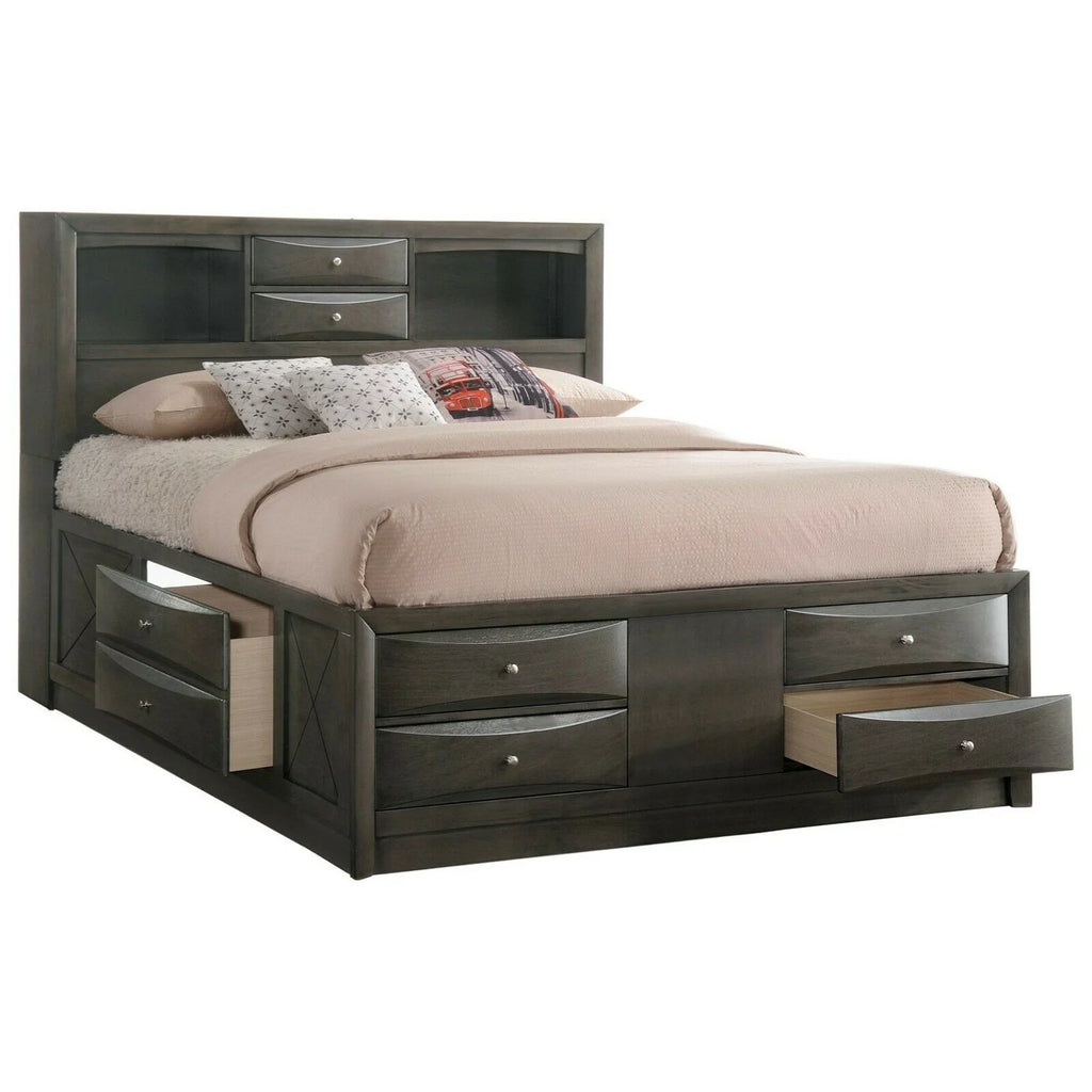 Gray 3pc Queen Size Captains Bed Set with Storage Drawers Solid Wood K13282