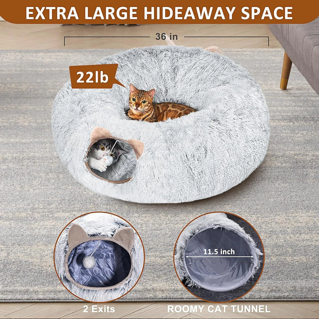 Grey Plush Cat Tunnel with Cat Bed D68069