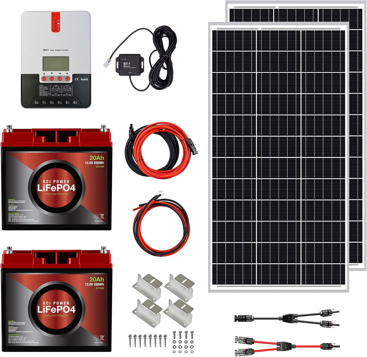 200W 12V Solar Power Kit with 2 x 12V 20Ah LiFePO4 Lithium Batteries, 200W Mono Rigid Solar Panels, 20A MPPT Solar Charge Controller O74715