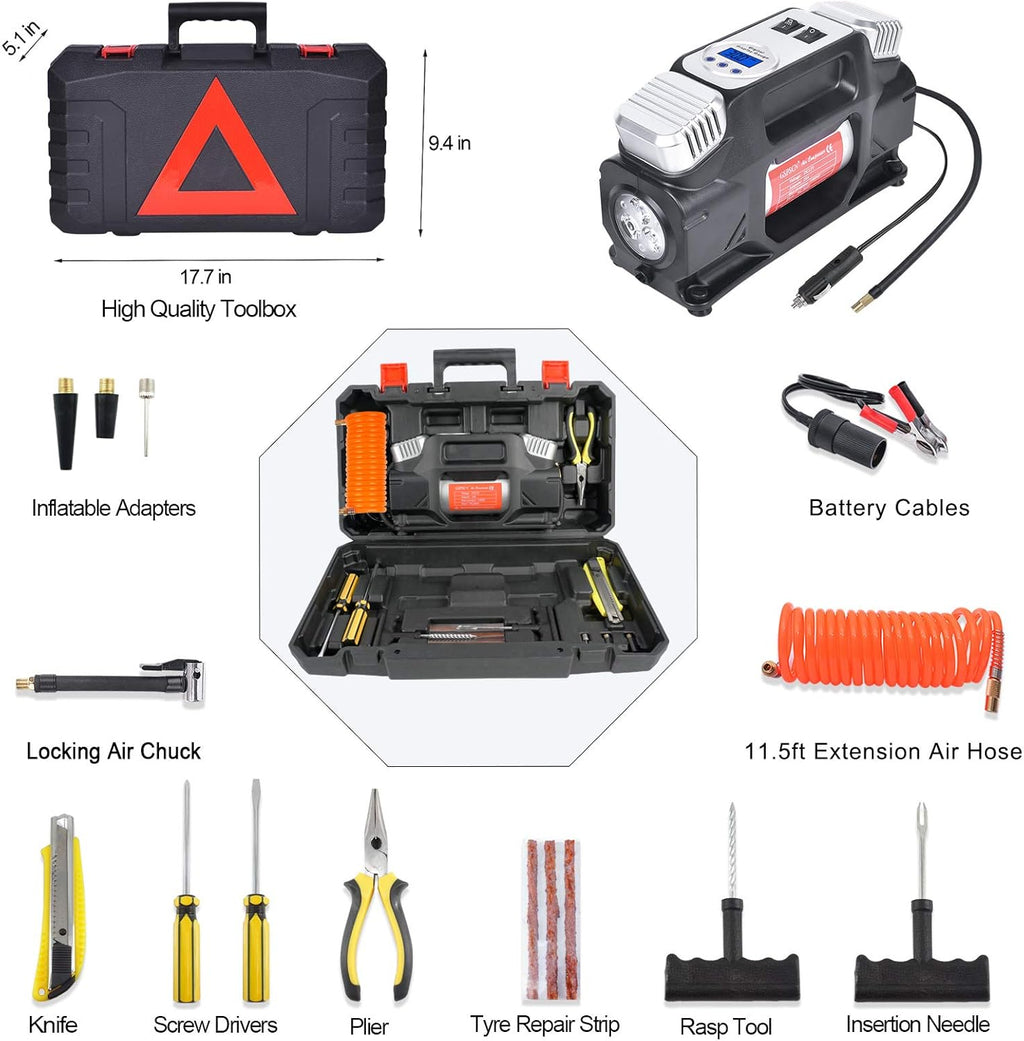 Portable Digital Tire Inflator, Dual Cylinders 12V Air Compressor Pump 150PSI with LED Light and Tire Repair Kit N967