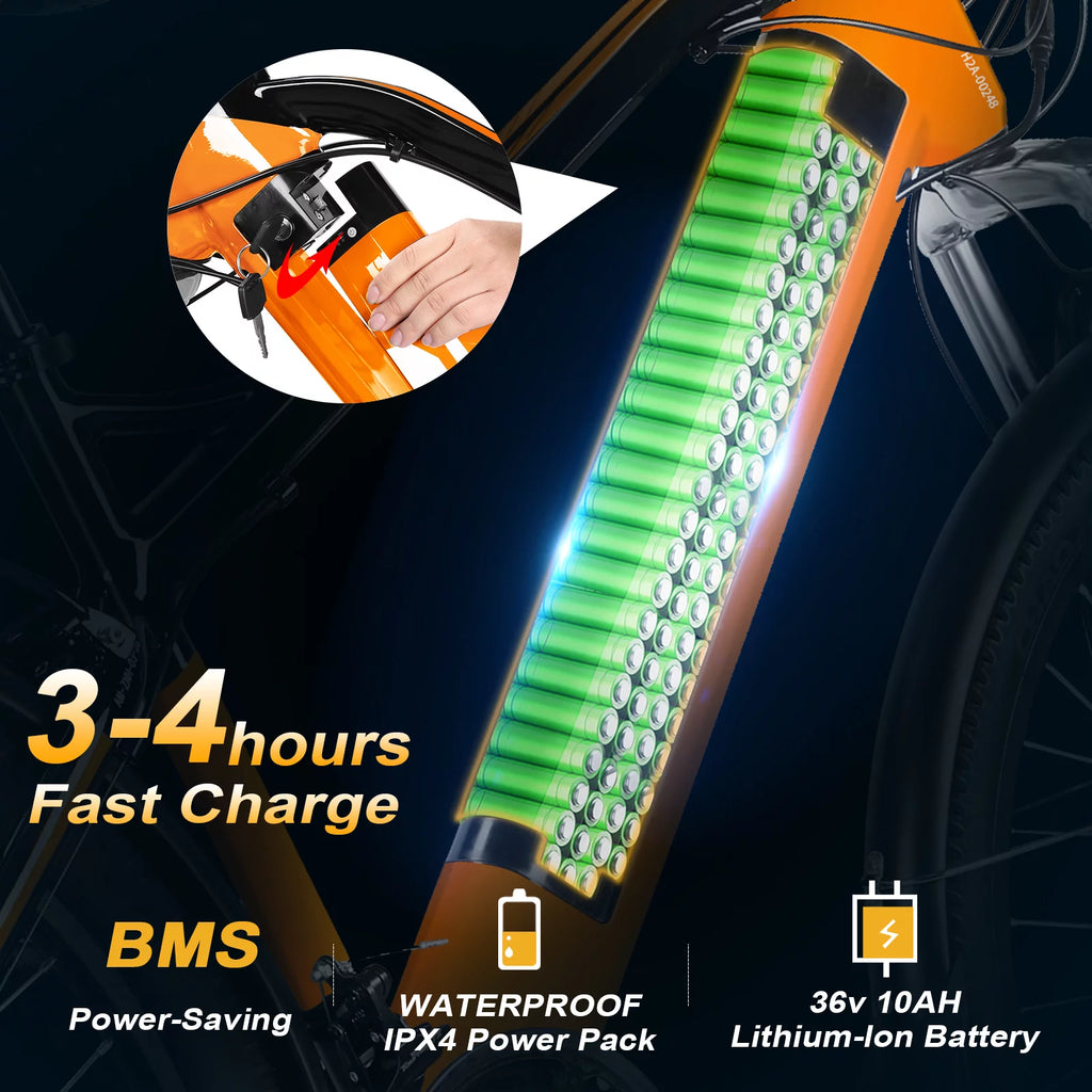 Electric Bike 26 350W Mountain Bicycle 36V 10Ah Removable Battery 21-Speed Orange L65155