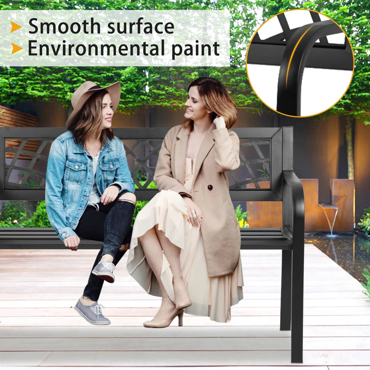 Weatherproof Heavy-Duty Metal Bench with Armrests & Backrest 400lbs Weight Capacity Black C338