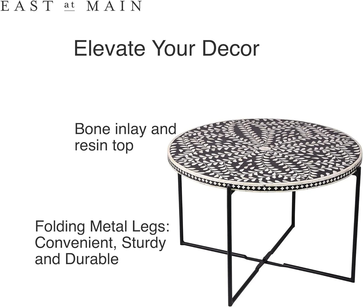 Round Coffee Table 30”W X 19”H Wooden Floral Top Metal Legs Black P2876