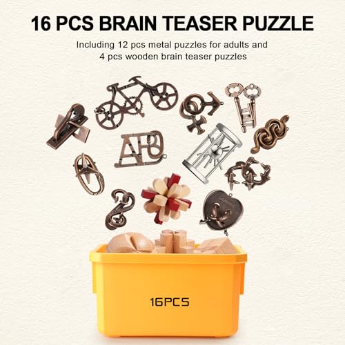 16 PCS Metal & Wooden Brain Teaser Puzzle Set P7357