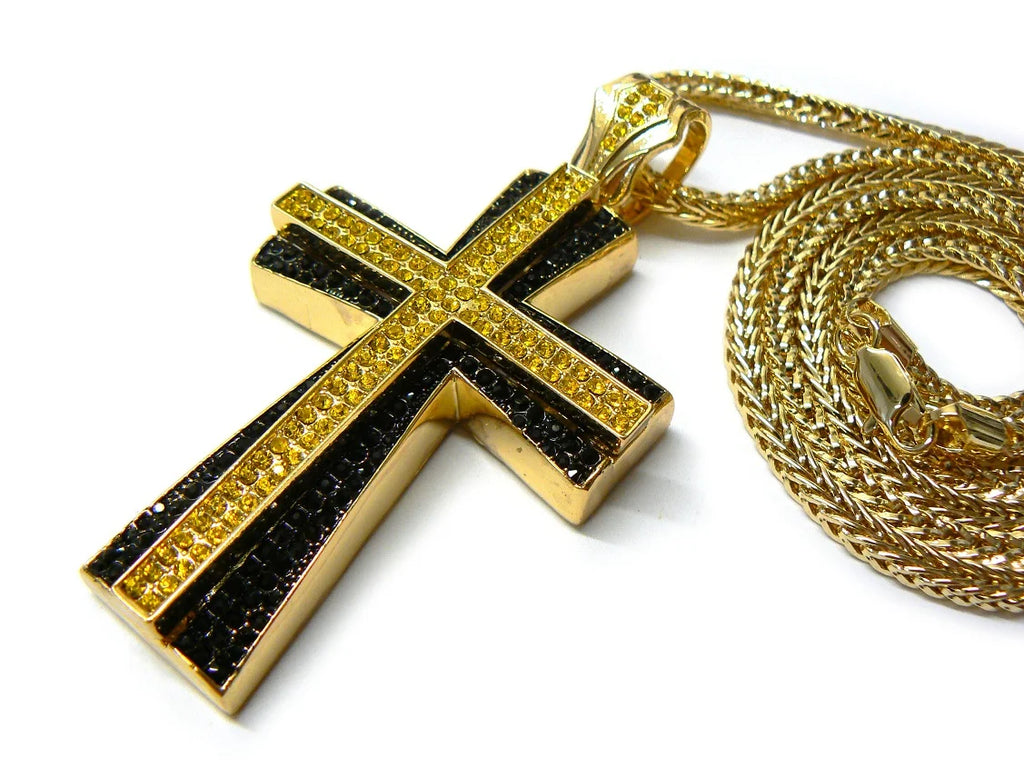 Gold/Black/Yellow Tone Cross Pendant with 36" Franco Chain Y746