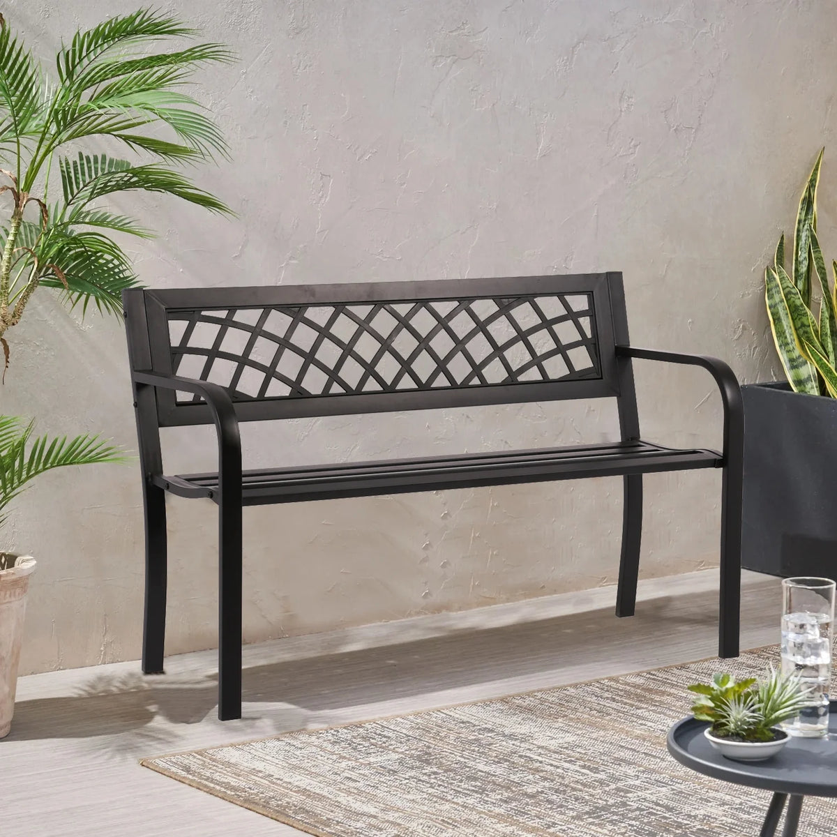 Weatherproof Heavy-Duty Metal Bench with Armrests & Backrest 400lbs Weight Capacity Black C338