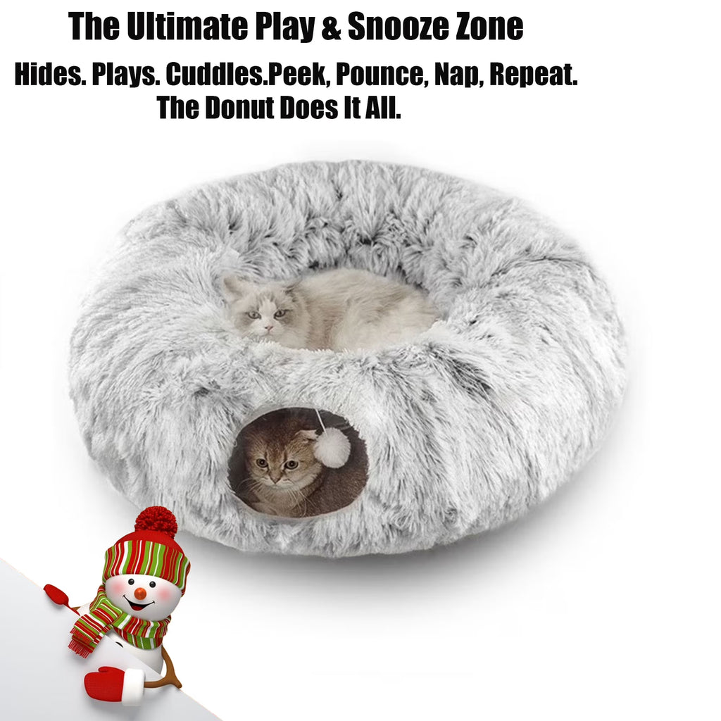 Grey Plush Cat Tunnel with Cat Bed D68069