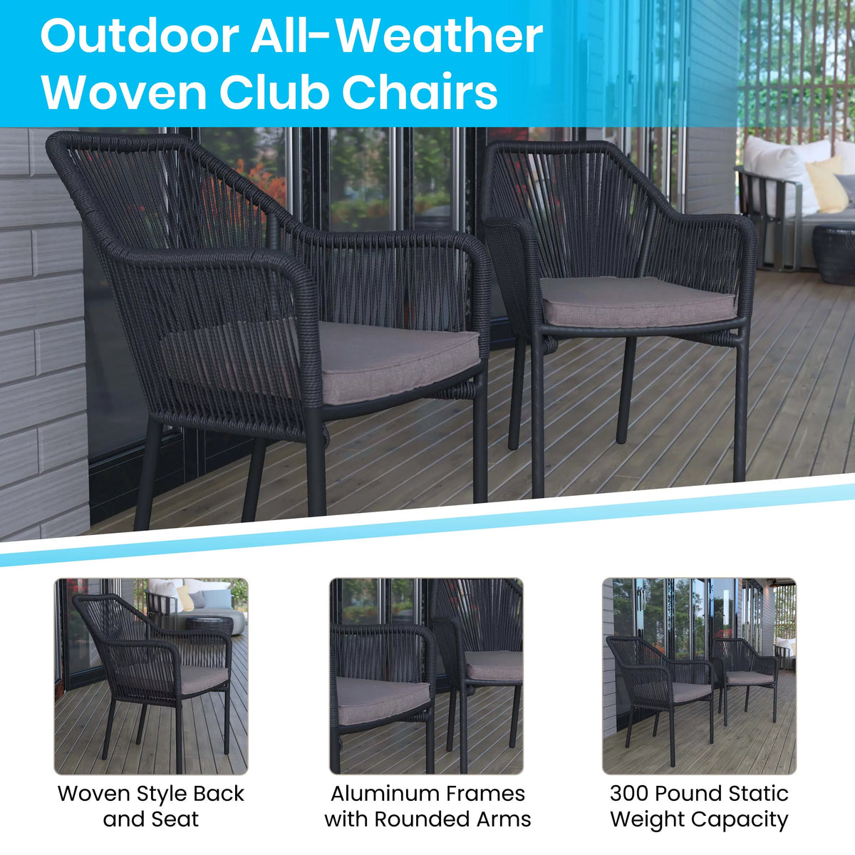 2 Piece Black All-Weather Woven Patio Chairs with Gray Cushions D271690