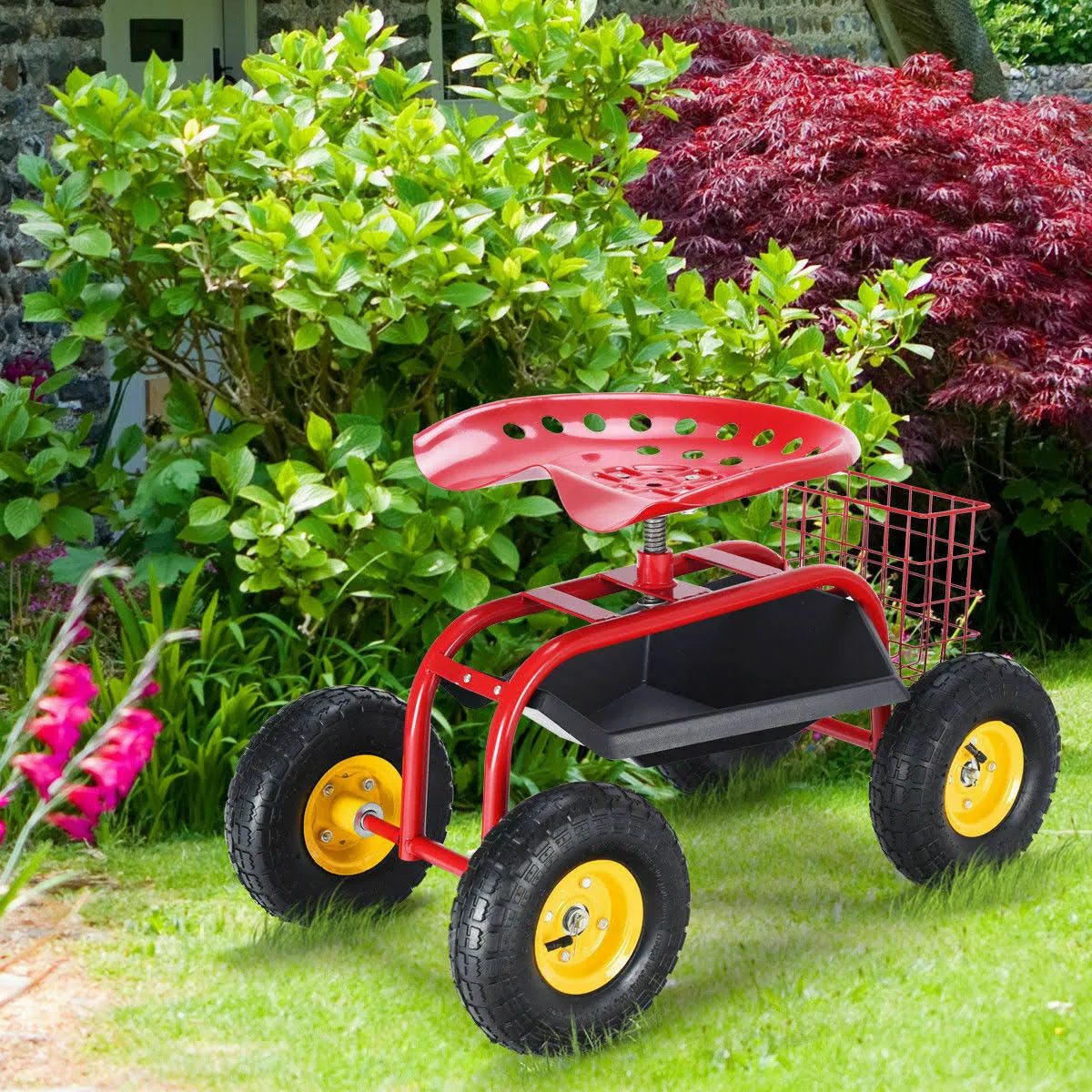 Red Rolling Gardening Cart with Work Seat V6200