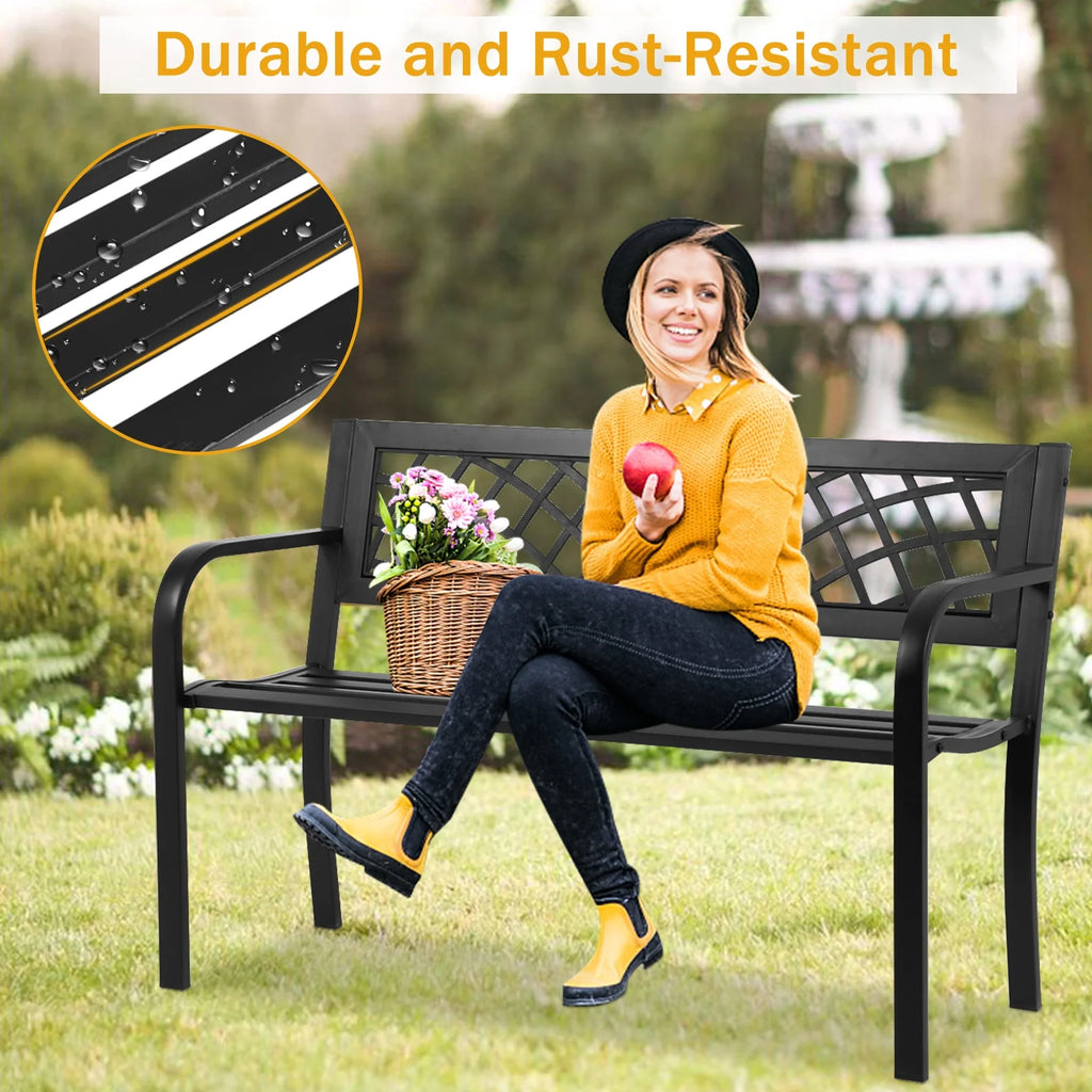Weatherproof Heavy-Duty Metal Bench with Armrests & Backrest 400lbs Weight Capacity Black C338