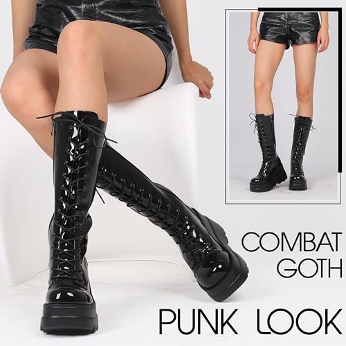 Womens High Platform Mid Calf Wedges Chunky High Heel Round-Toe Side Zip Combat Boots L243090
