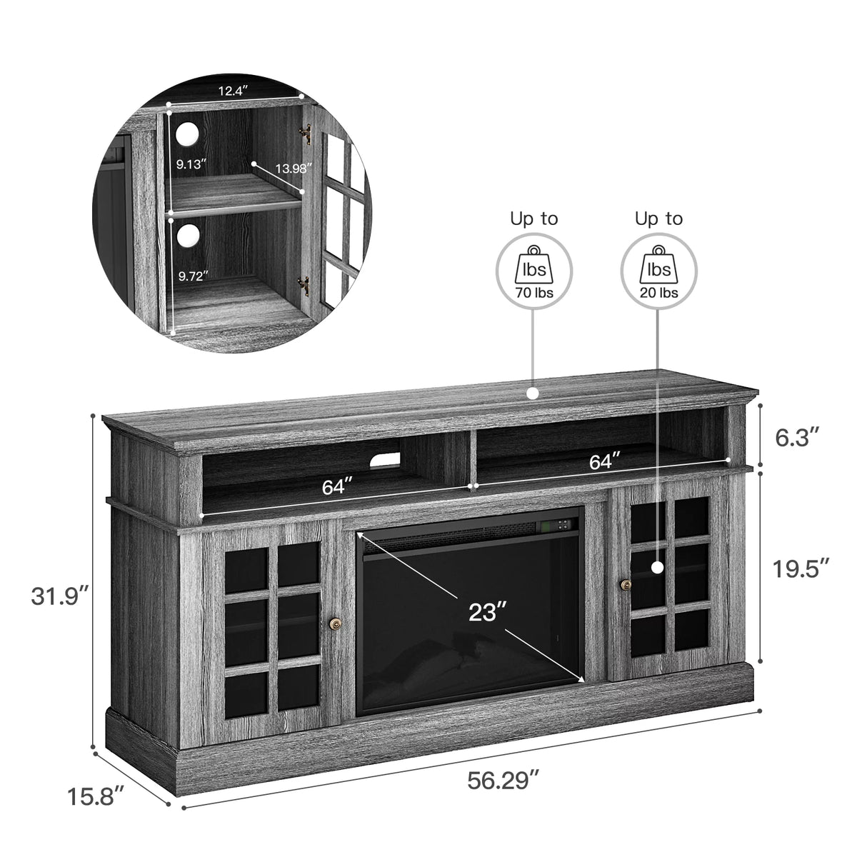 1400W Electric Fireplace TV Stand with Adjustable Shelves, Grey P342