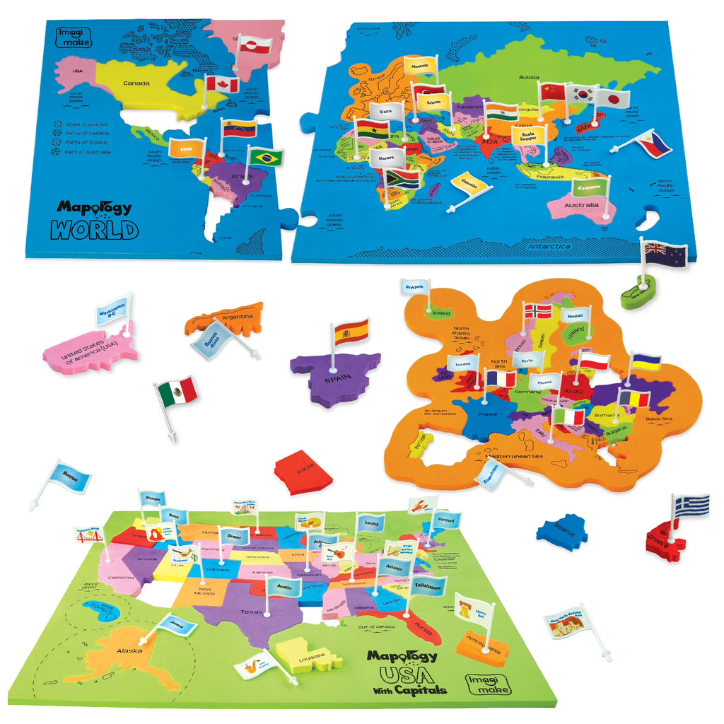 US & World Map Puzzle with Capitals and Flags M510