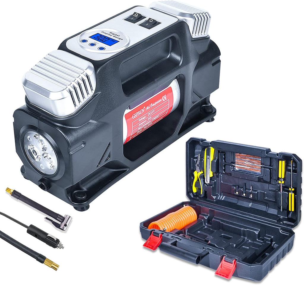 Portable Digital Tire Inflator, Dual Cylinders 12V Air Compressor Pump 150PSI with LED Light and Tire Repair Kit N967