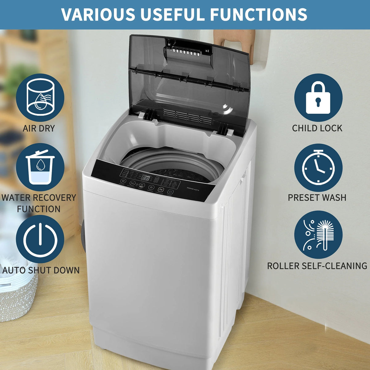 Top Loading Compact Fully Automatic Washing Machine, 1.24 Cu.ft, 8 Water Levels, 10 Wash Programs T128