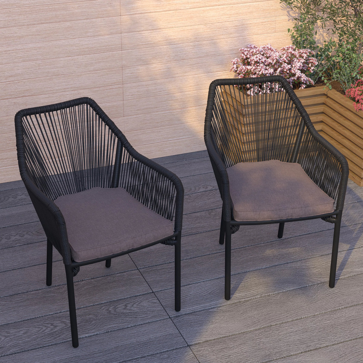 2 Piece Black All-Weather Woven Patio Chairs with Gray Cushions D271690