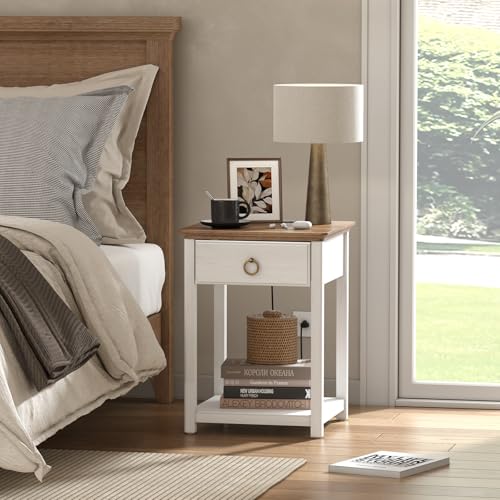 White Solid Wood Square End Table with Drawer V562