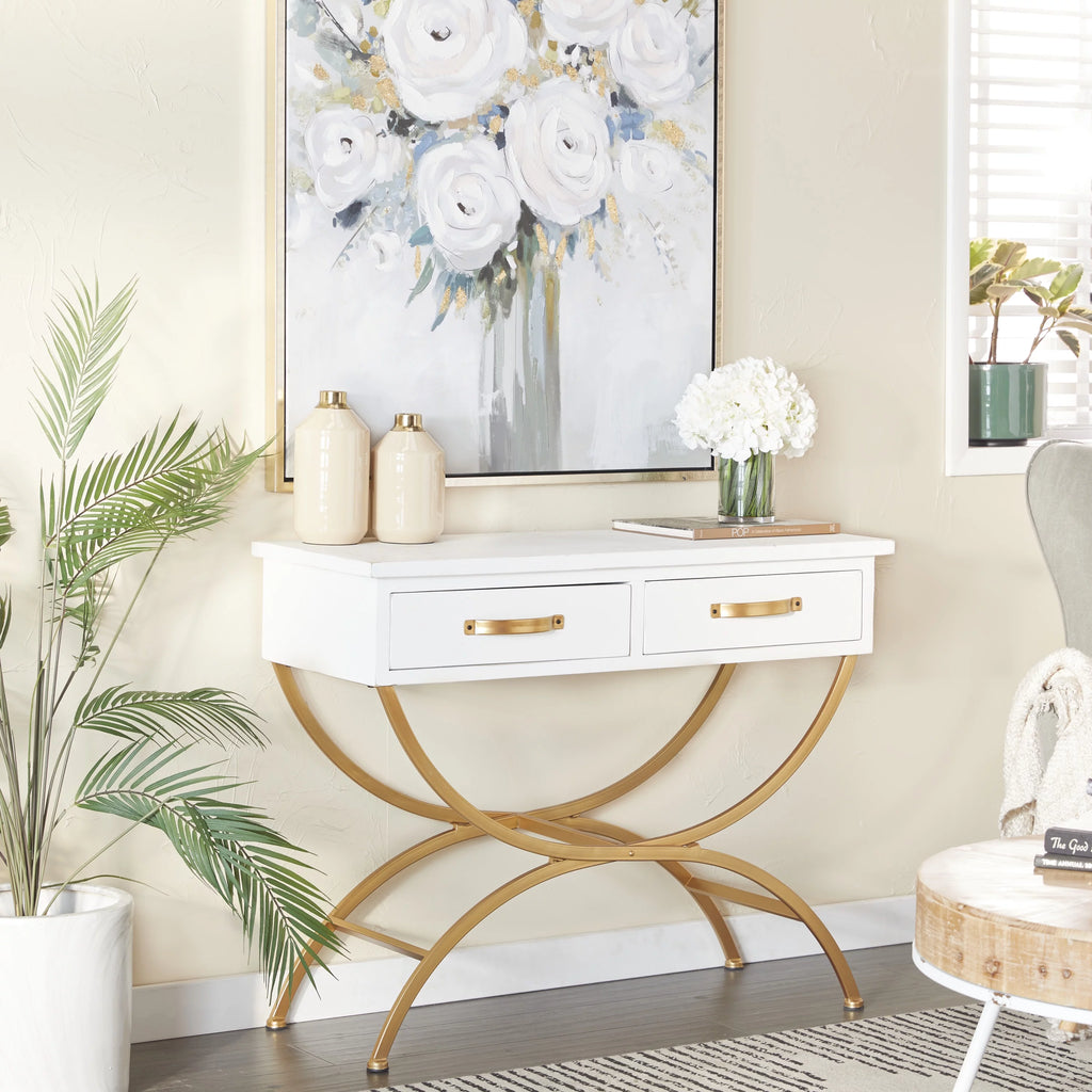 White Wood 2 Drawers Console Table with Arched Base S13917